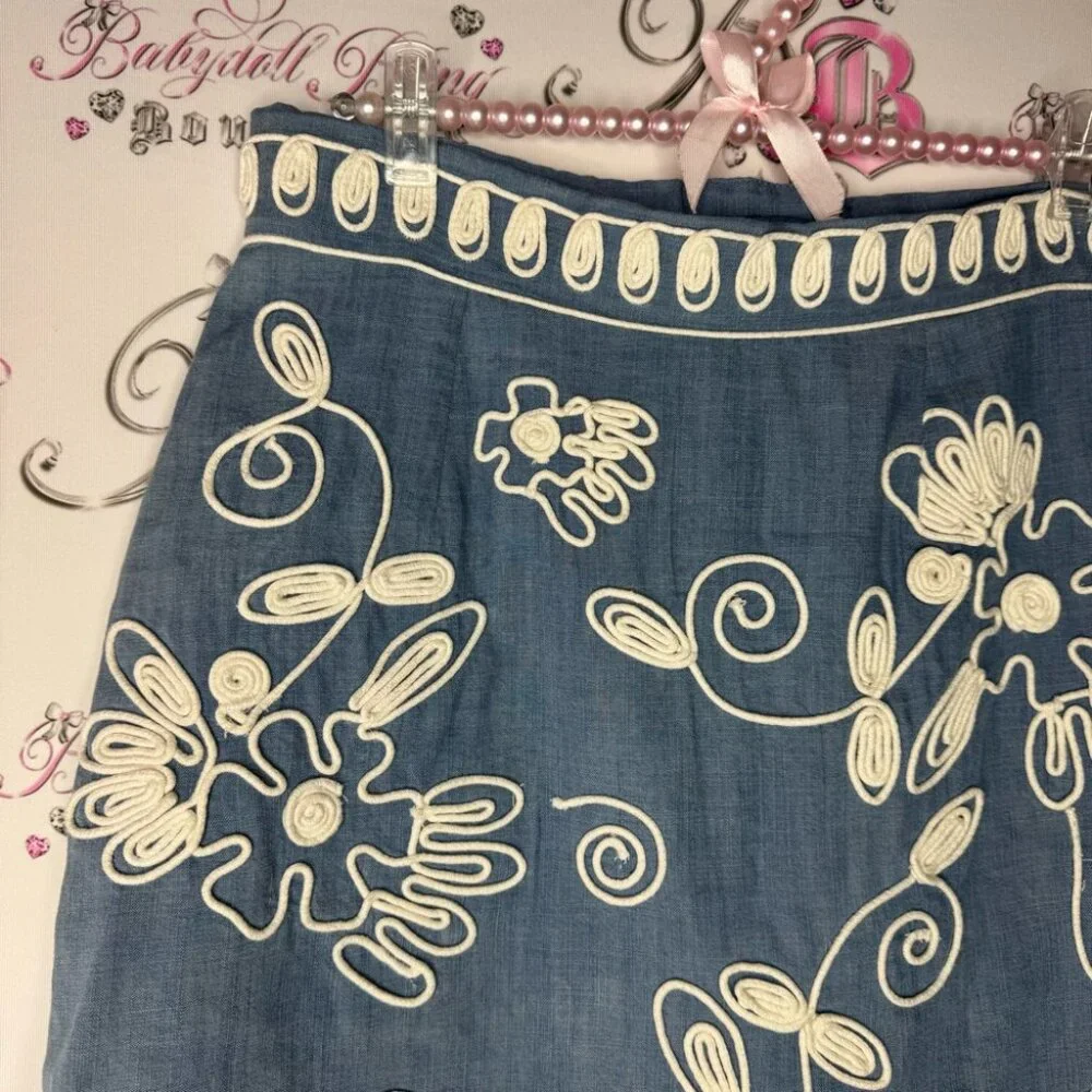 River woods skirt corset lace up tie ribbon embroidered floral flowers denim - Picture 5 of 13